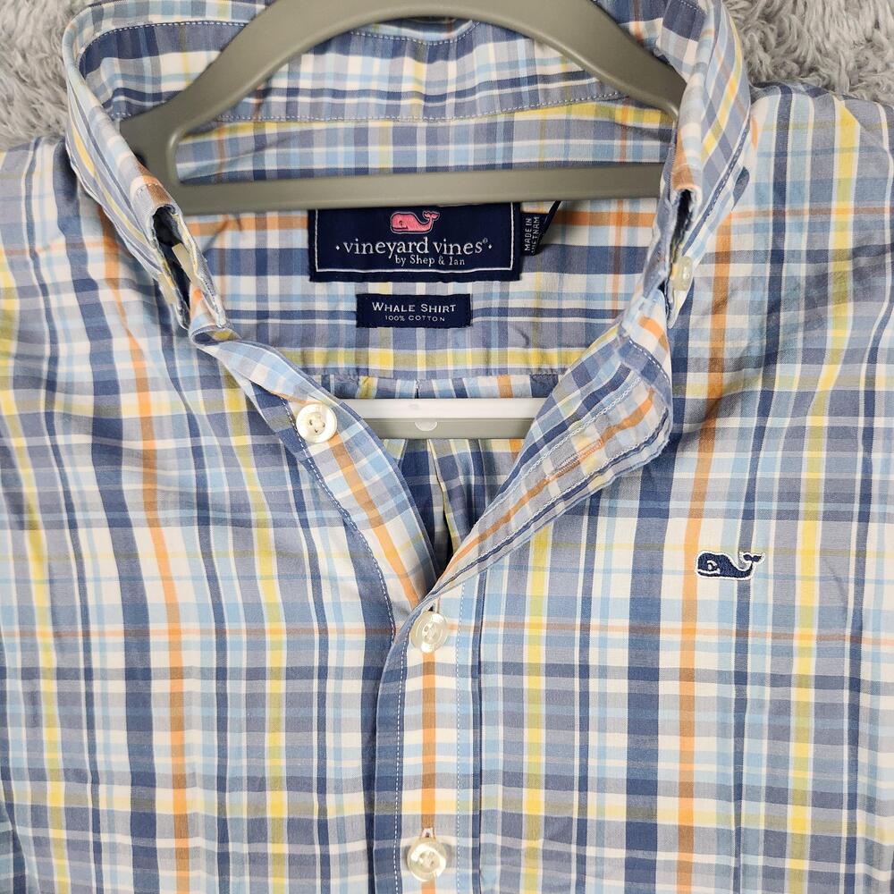 Vineyard Vines Shirt Boys Large 16 Blue Plaid Whale Logo Button Down Cotton